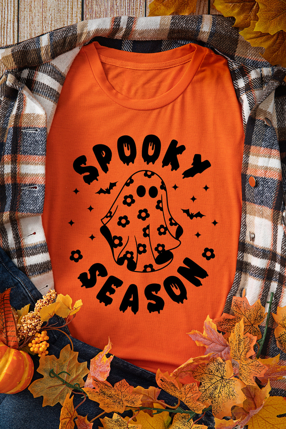Orange SPOOKY SEASON Ghost Print Crew Neck Halloween Tee Graphic Tees JT's Designer Fashion