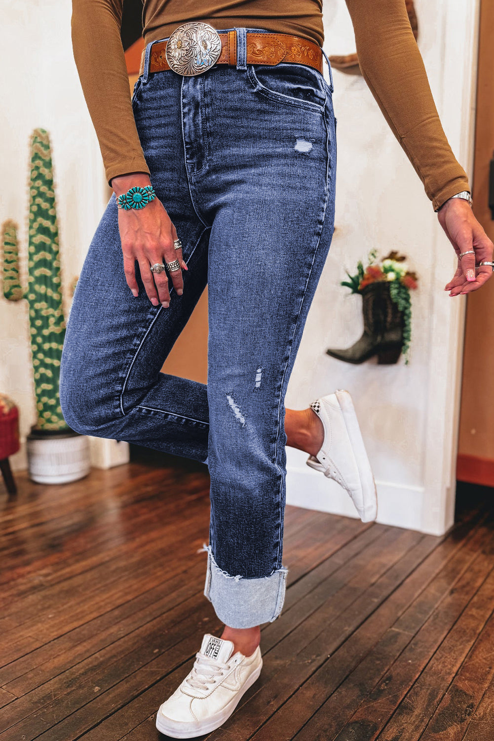 Real Teal Folded Cuffs Distressed Straight High Waist Jeans Jeans JT's Designer Fashion
