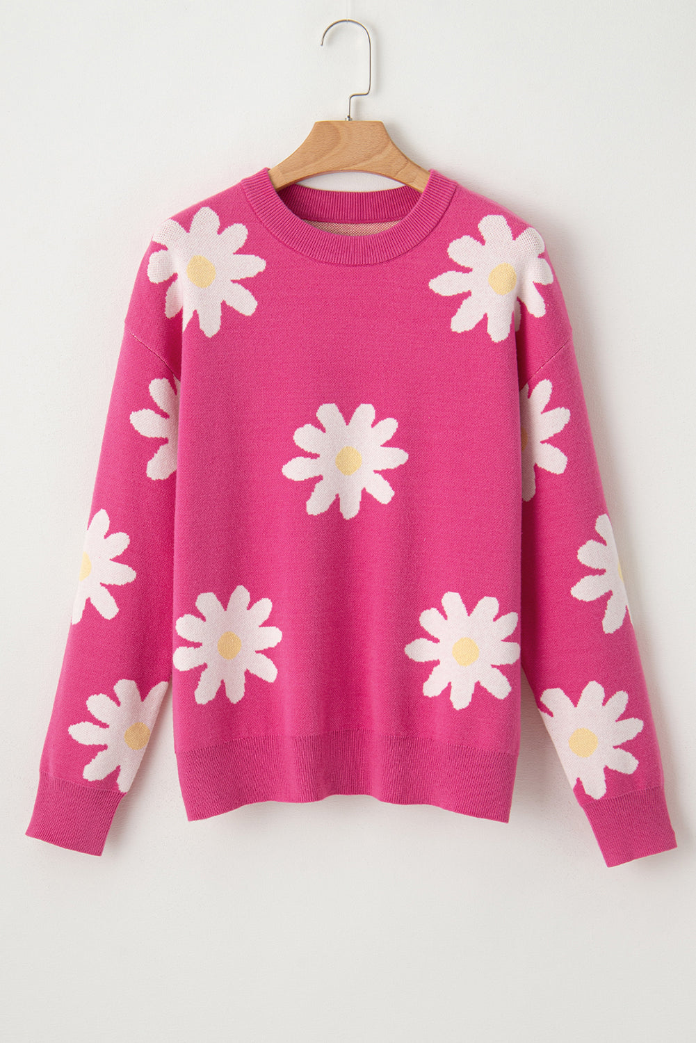Bright Pink Daisy Flower Crew Neck Long Sleeve Sweater Sweaters JT's Designer Fashion