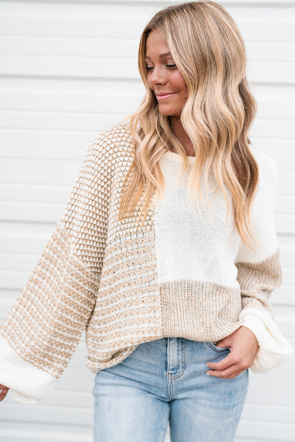 Oatmeal Mixed Pattern Knit Tie Keyhole Drop Shoulder Sweater Sweaters JT's Designer Fashion