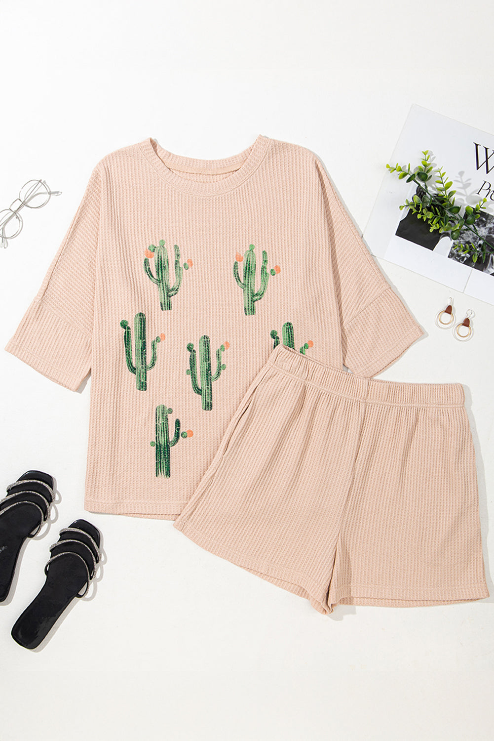 Light French Beige Cactus Forest Waffle Half Sleeve Tee Short Set Short Sets JT's Designer Fashion