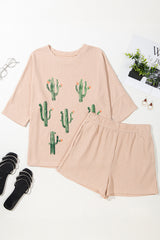 Light French Beige Cactus Forest Waffle Half Sleeve Tee Short Set Short Sets JT's Designer Fashion