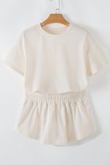Beige 2pcs Cropped Tee and Ruffle High Waist Skort Set Short Sets JT's Designer Fashion