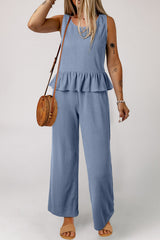 Beau Blue Solid Color Ribbed Ruffle Tank Top and Pants Set Pant Sets JT's Designer Fashion