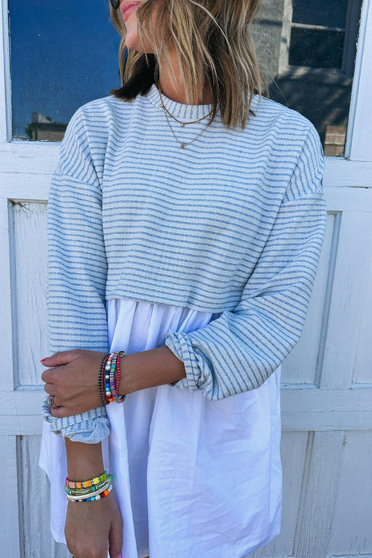 Sky Blue Stripe Patchwork Pleated High Waist Loose Mini Dress Mini Dresses JT's Designer Fashion