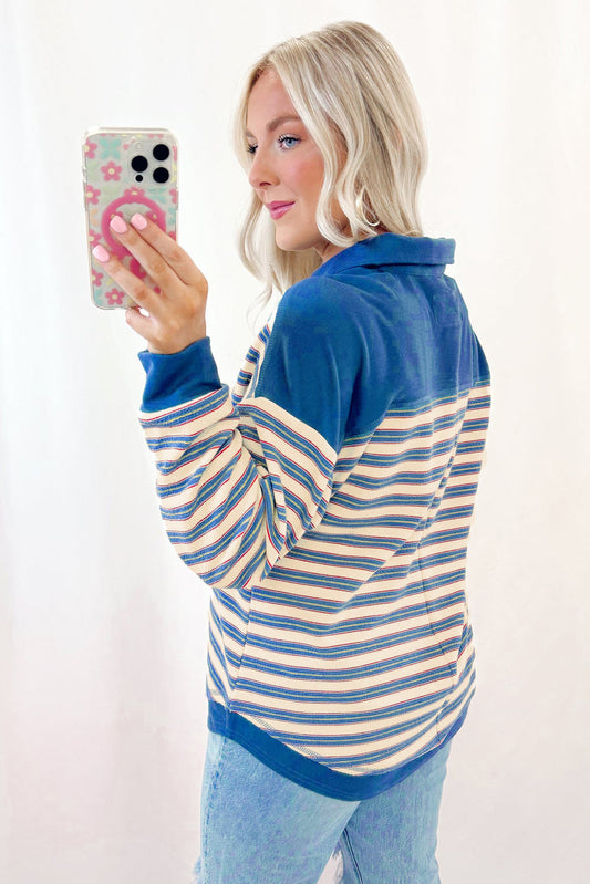 Blue Stripe Buttoned V Neck Collared Drop Shoulder Top Long Sleeve Tops JT's Designer Fashion