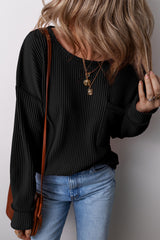 Black Solid Color Corded Drop Shoulder Long Sleeve Top Long Sleeve Tops JT's Designer Fashion