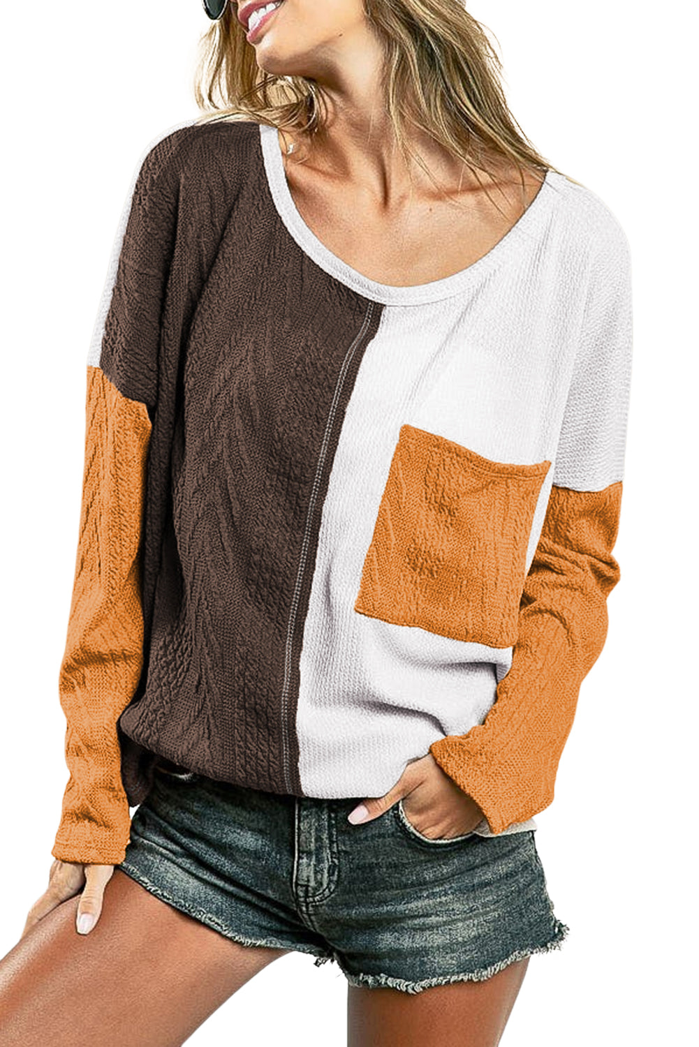 Brown Color Block Patchwork Chest Pocket Long Sleeve Top Long Sleeve Tops JT's Designer Fashion