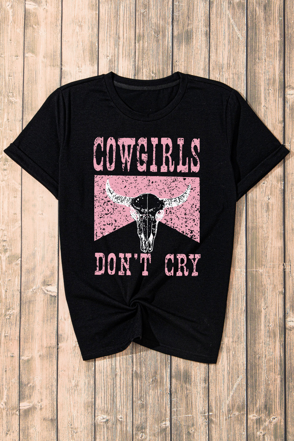 Black COWGIRL DONT CRY Steer Head Print Short Sleeve Top Graphic Tees JT's Designer Fashion