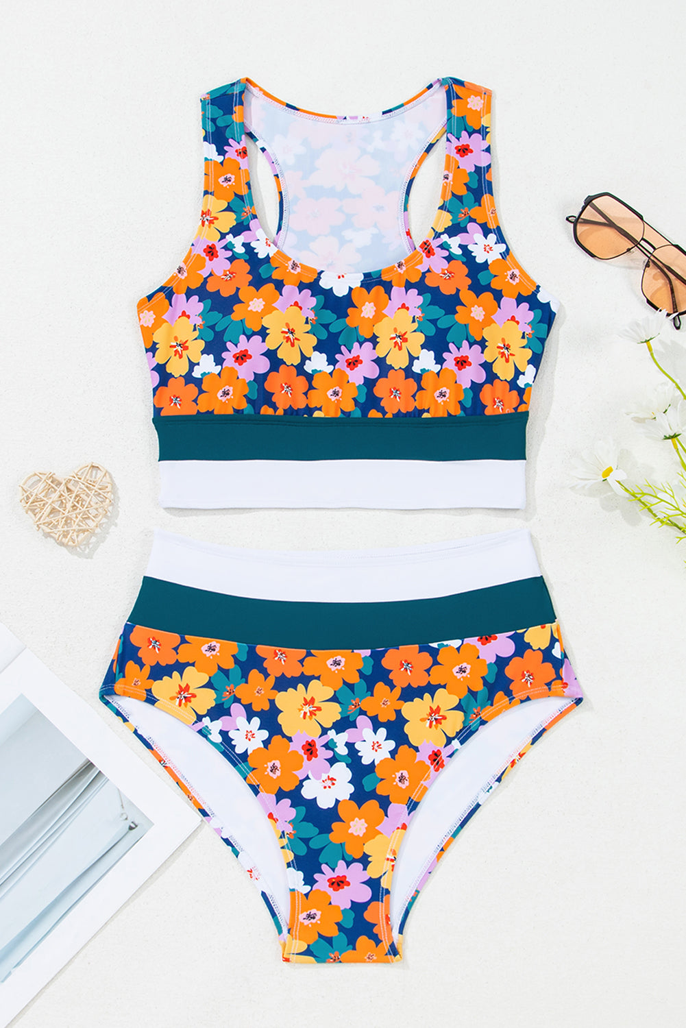 Green Floral Print Racerback Cutout High Waist 2pcs Bikini Bikinis JT's Designer Fashion