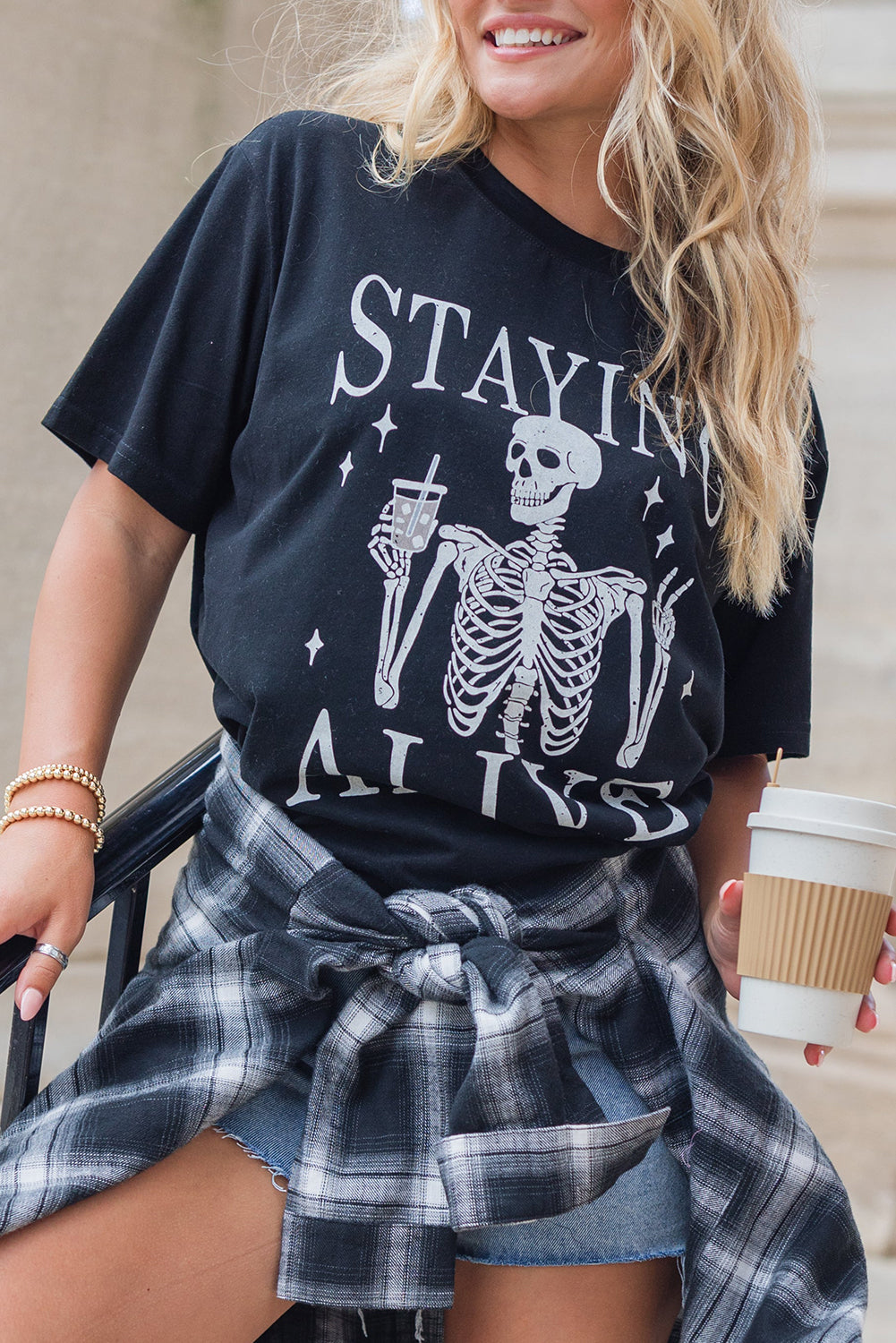 Black STAYING ALIVE Funny Skeleton Print Round Neck T Shirt Graphic Tees JT's Designer Fashion