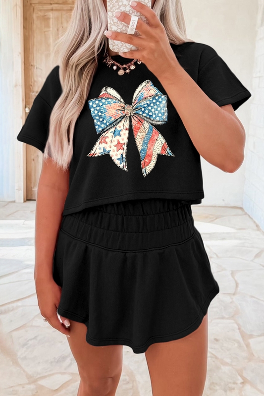 Black American Flag Inspired Bow Print Relaxed Tee and Skort 2pcs Outfit Black 75%Polyester+20%Cotton+5%Elastane Graphic Sets JT's Designer Fashion