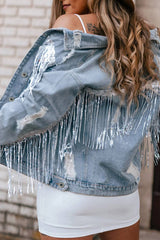 Sky Blue Sequin Embellished Fringe Distressed Denim Jacket Sky Blue 75%Cotton+12.7%Polyester+12.3%Viscose Denim Jackets JT's Designer Fashion