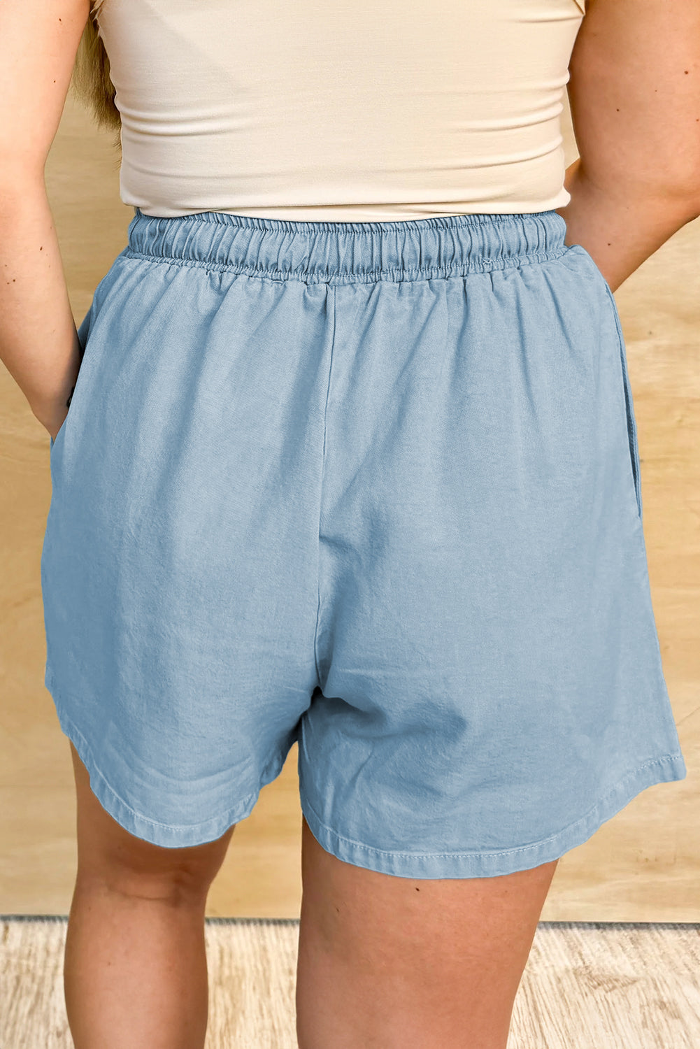 Beau Blue Washed Chambray Drawstring Elastic Waist Plus Size Shorts Plus Size Bottoms JT's Designer Fashion