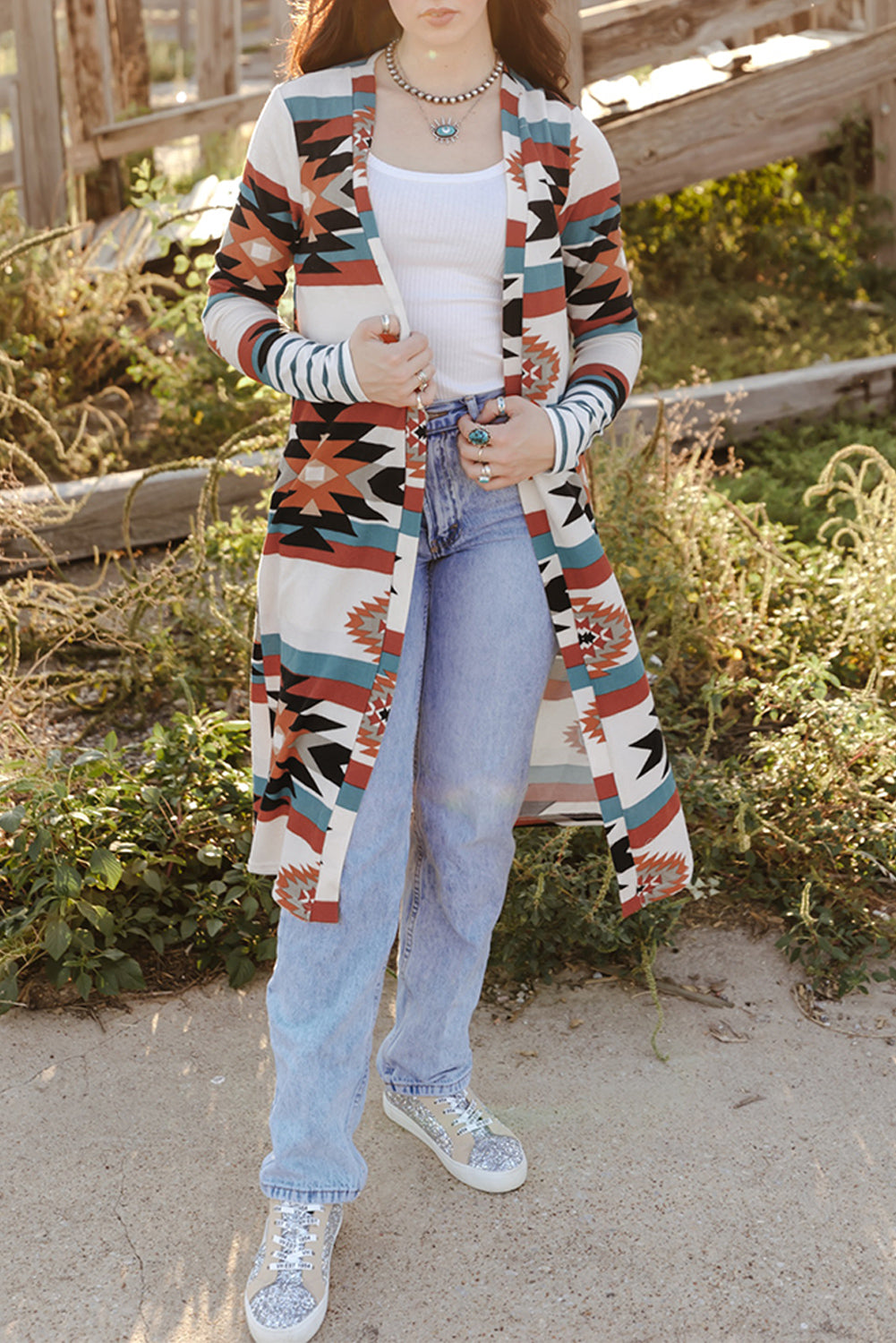 Multicolor Geometric Color Block Open Front Long Cardigan Sweaters & Cardigans JT's Designer Fashion