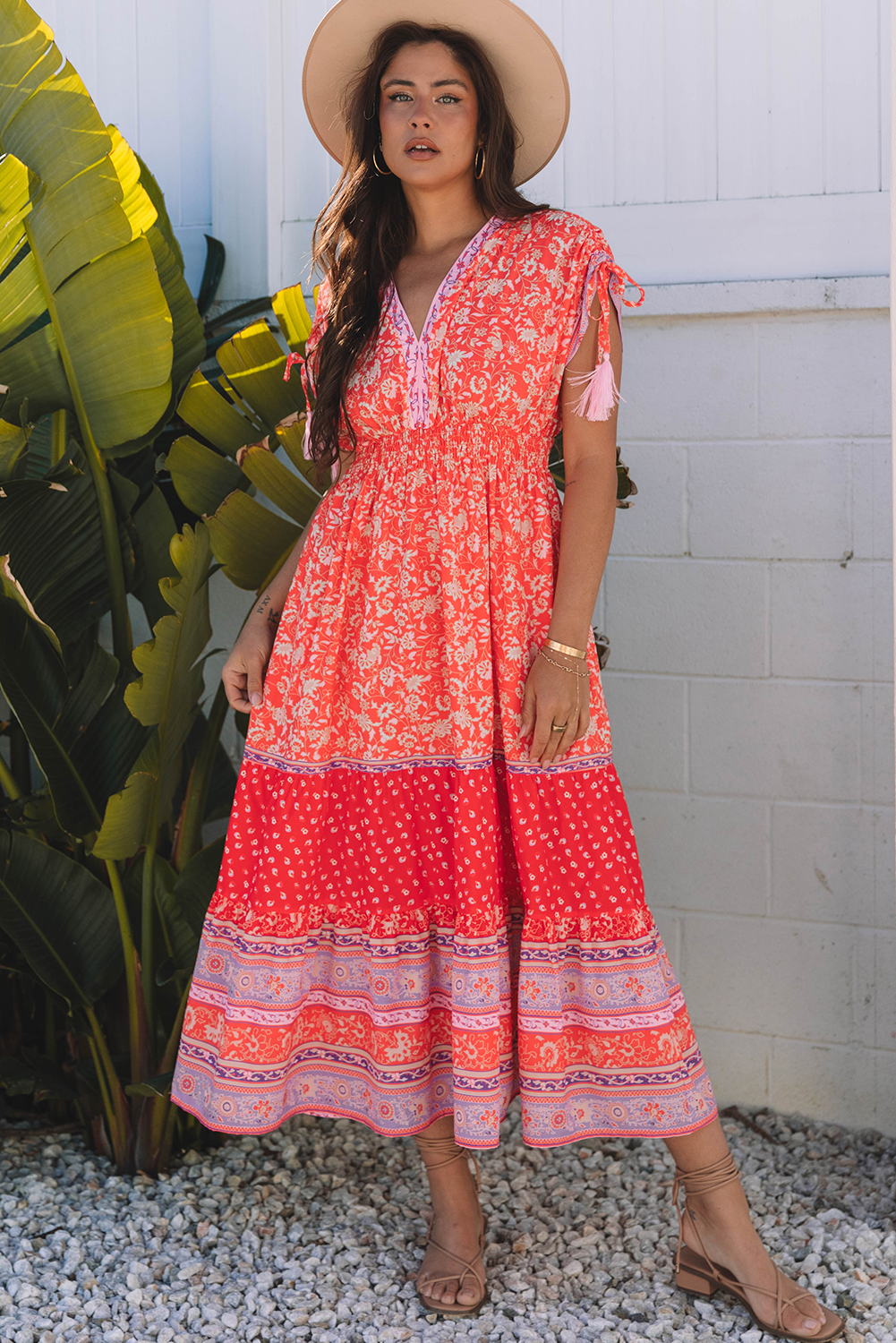 Red Floral Print Tasseled Tied Sleeve Empire Waist Maxi Dress Red 100%Polyester Floral Dresses JT's Designer Fashion