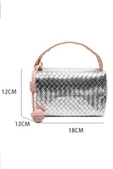 Silvery Lattice Texture Corded Ball Decor Weaven Handle Cosmetic Bag Makeup Bags JT's Designer Fashion