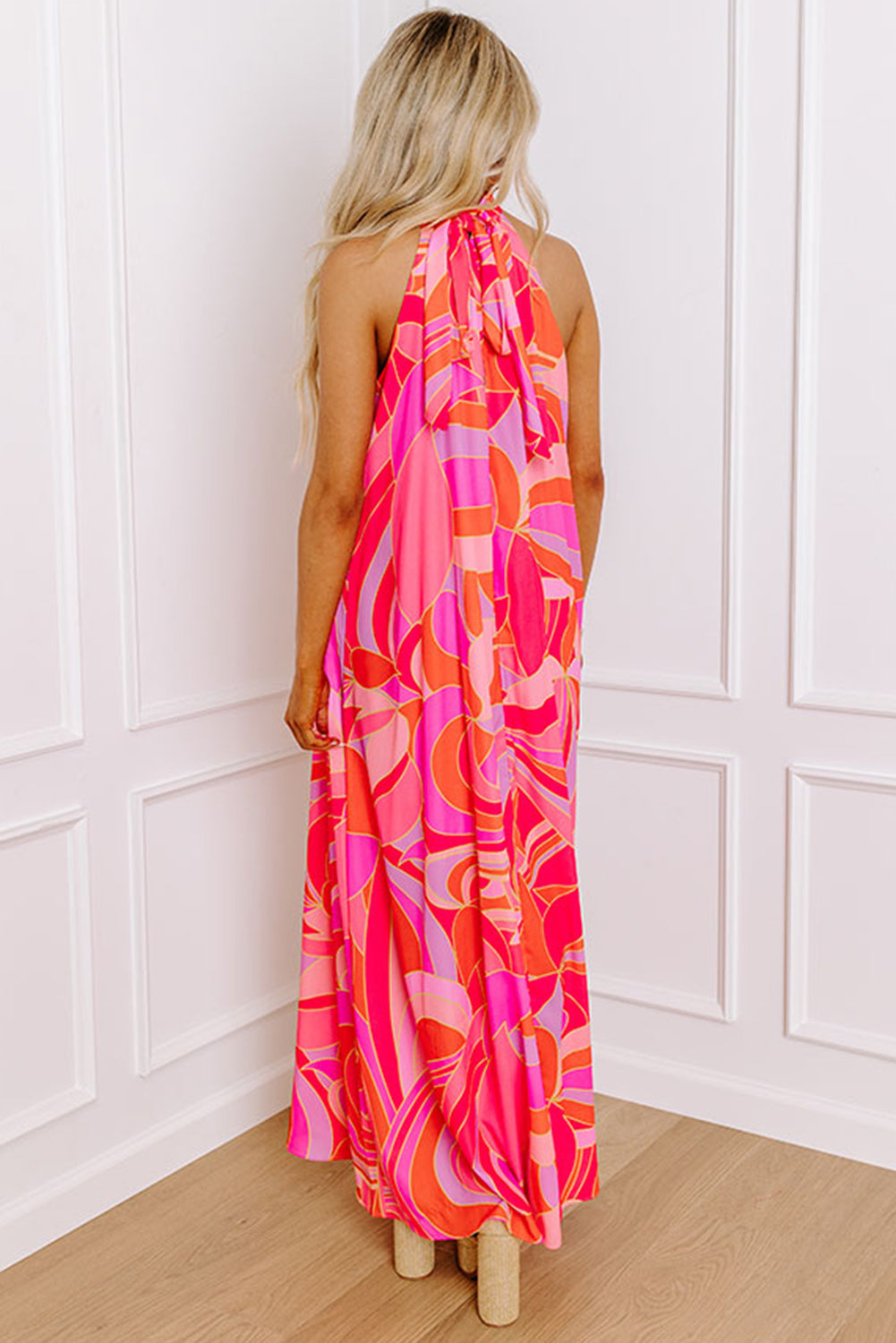 Rose Abstract Printed High Neck Knotted Nape Sleeveless Long Dress Maxi Dresses JT's Designer Fashion