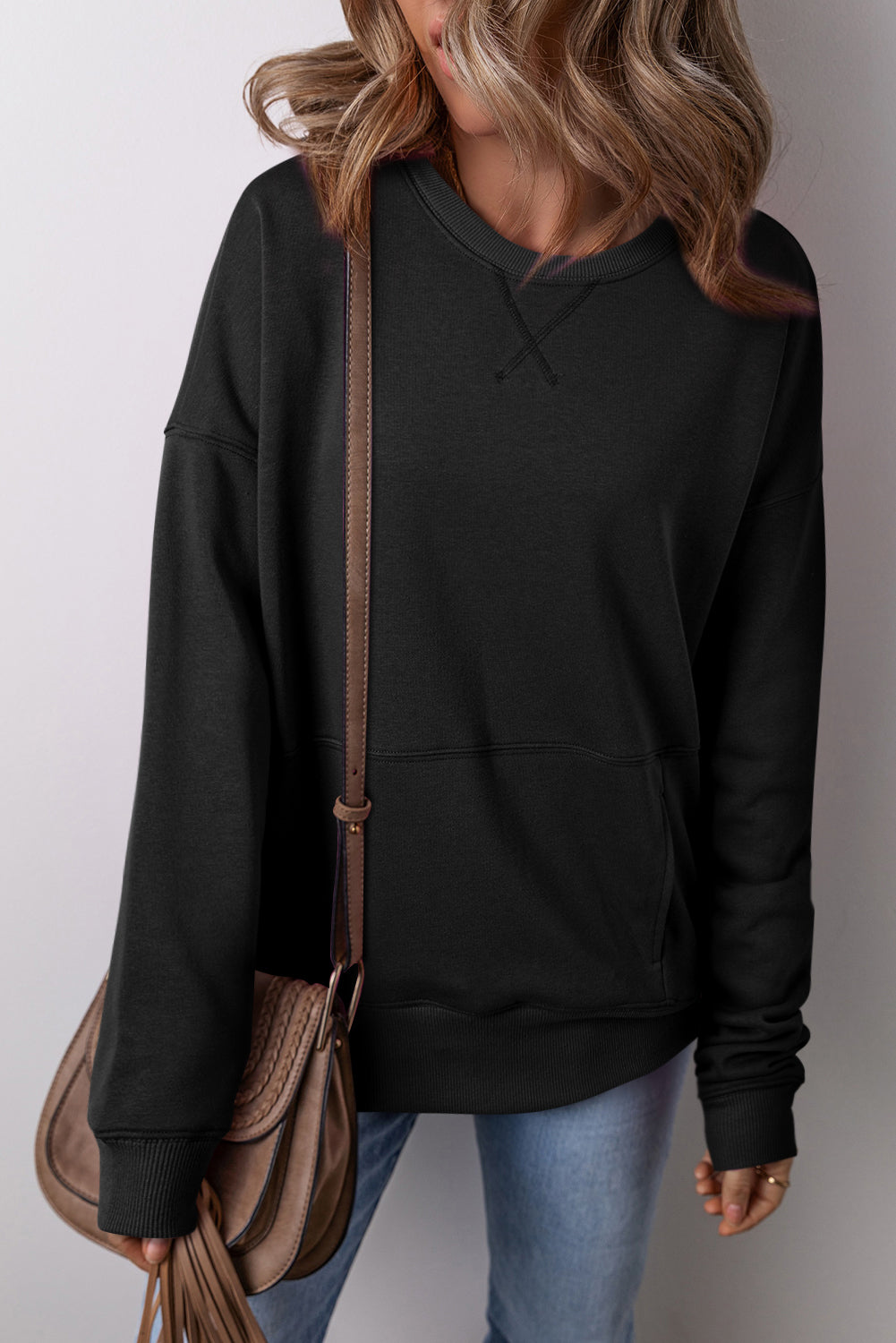 Black Drop Shoulder Crisscross Stitching Pocketed Loose Sweatshirt Sweatshirts & Hoodies JT's Designer Fashion