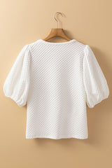 White Solid Textured O Neck Puff Sleeve Blouse Blouses & Shirts JT's Designer Fashion