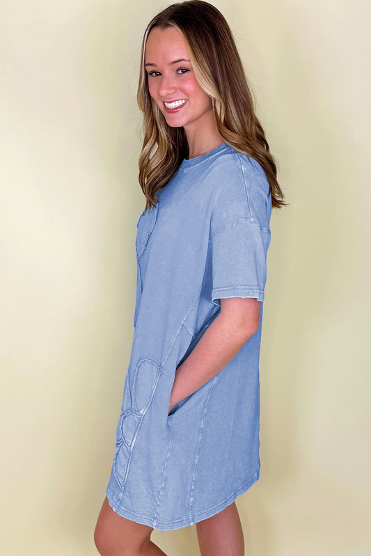 Sky Blue Mineral Wash Flower Patchwork Mini T Shirt Dress T Shirt Dresses JT's Designer Fashion