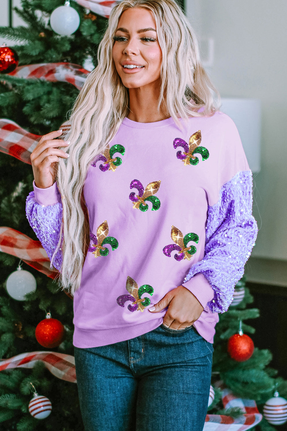 Orchid Petal Sequin Patchwork Long Sleeve Fleur de Lis Patched Pattern Top Orchid Petal 65%Polyester+35%Cotton Graphic Sweatshirts JT's Designer Fashion