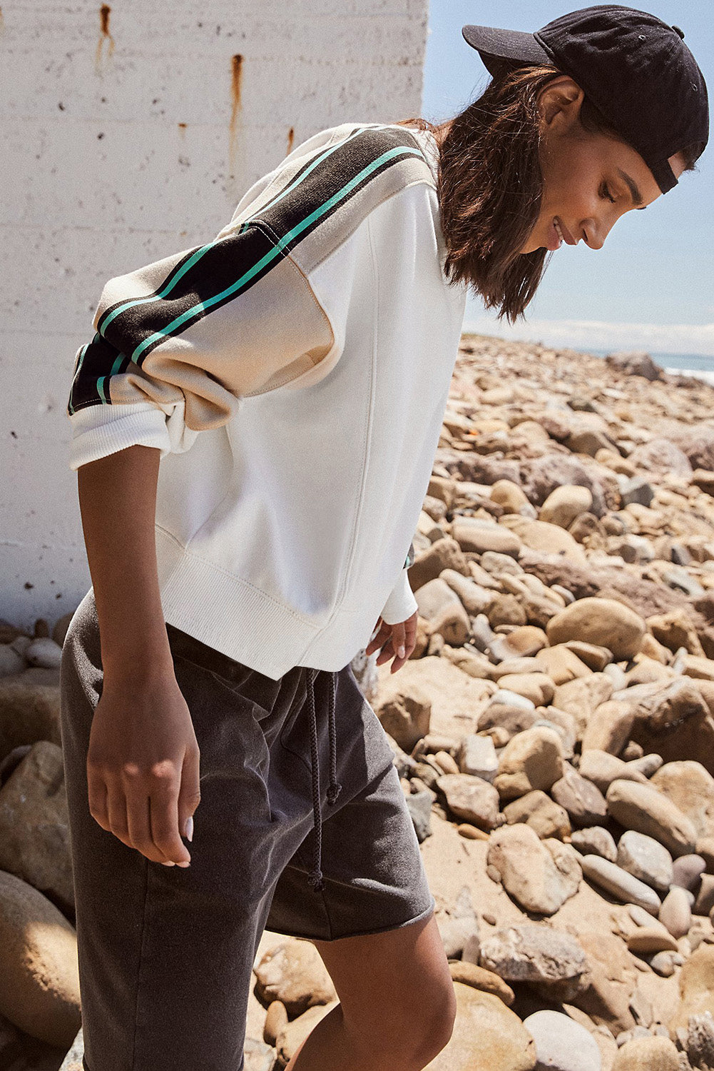 White Striped Color Block Exposed Seam Loose Active Sweatshirt Sweatshirts & Hoodies JT's Designer Fashion