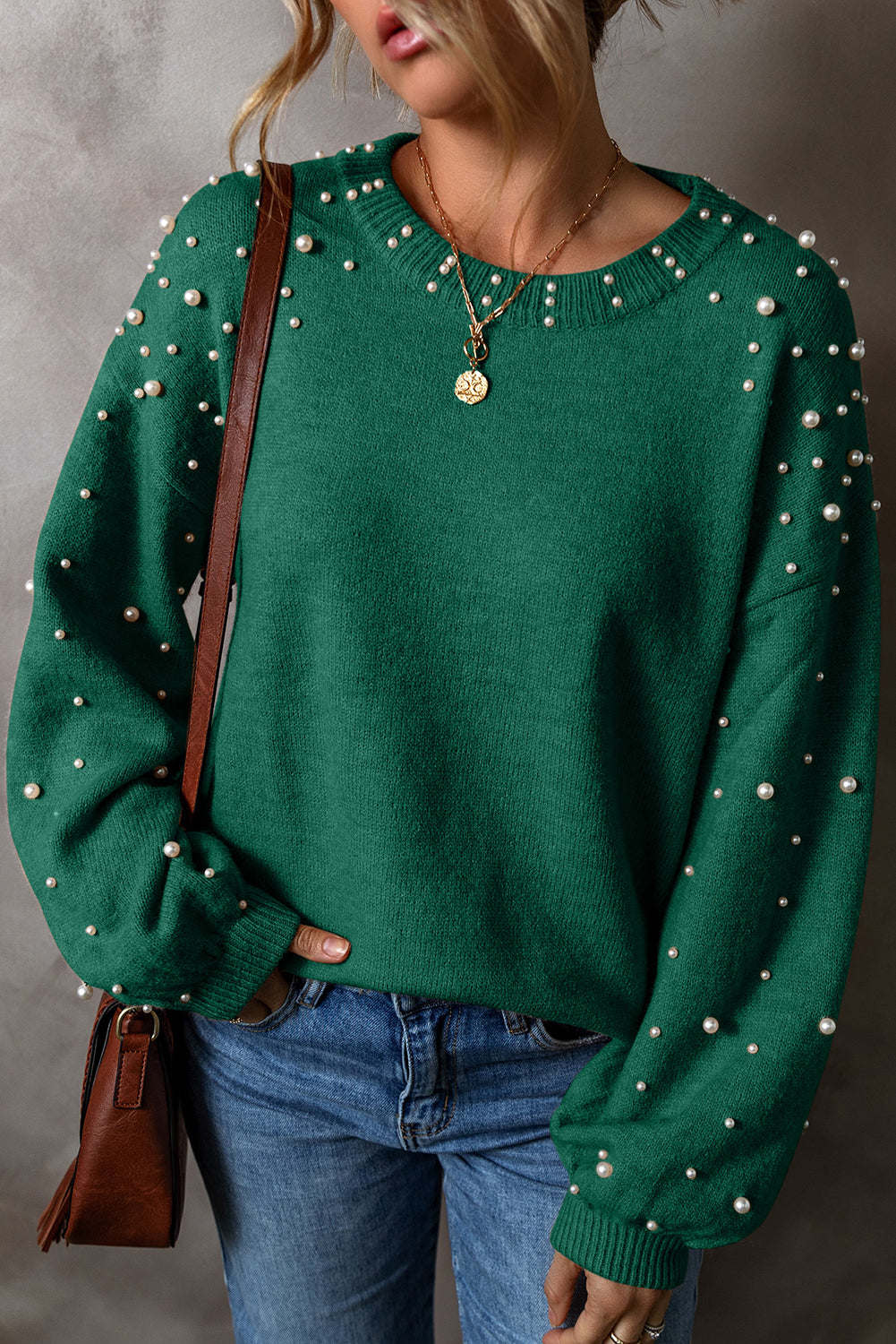Evergreen Pearled Drop Shoulder Round Neck Sweater Evergreen 50%Viscose+28%Polyester+22%Polyamide Sweaters JT's Designer Fashion