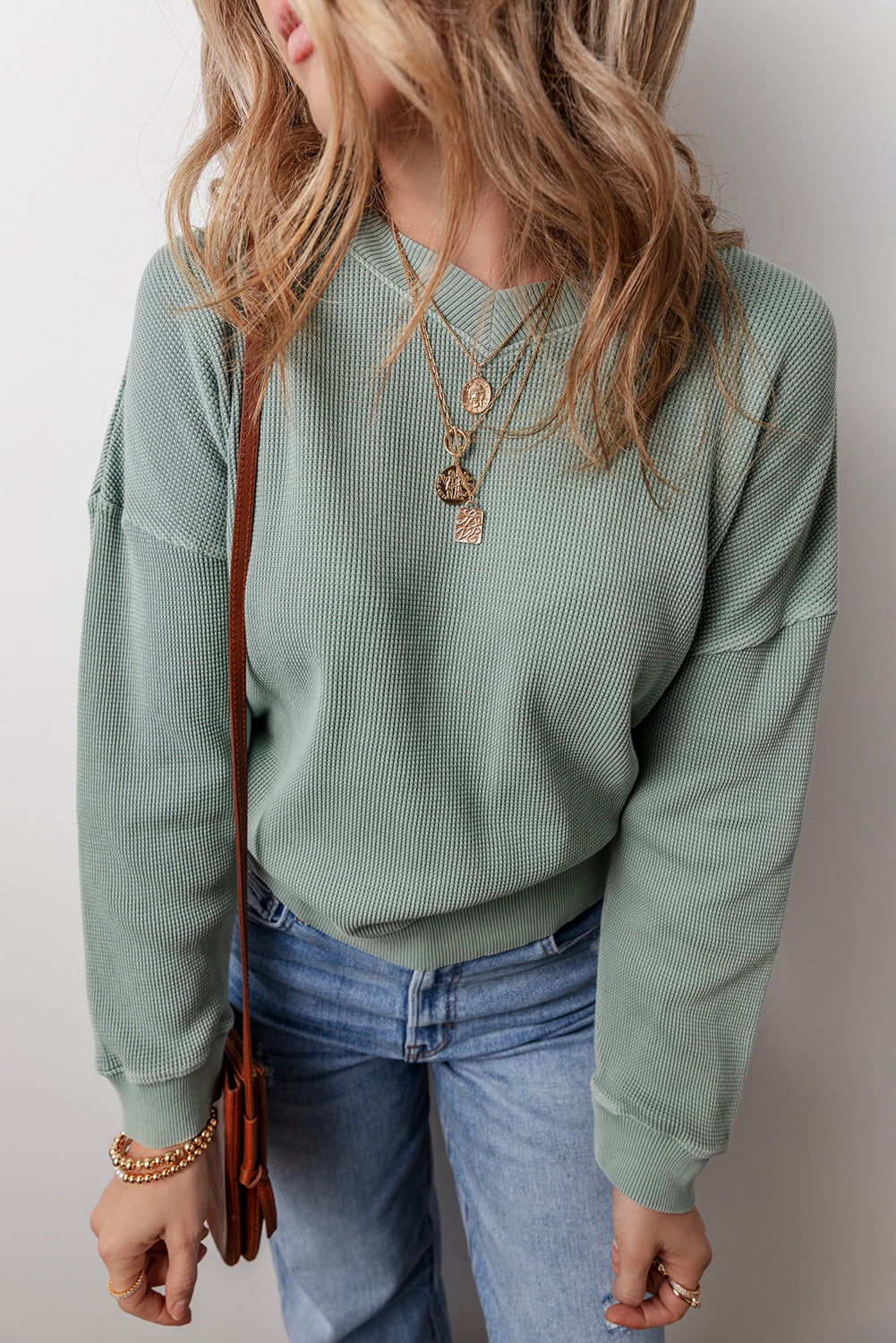 Clearly Aqua Waffle Knit Drop Shoulder V Neck Top Long Sleeve Tops JT's Designer Fashion