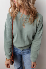 Clearly Aqua Waffle Knit Drop Shoulder V Neck Top Long Sleeve Tops JT's Designer Fashion