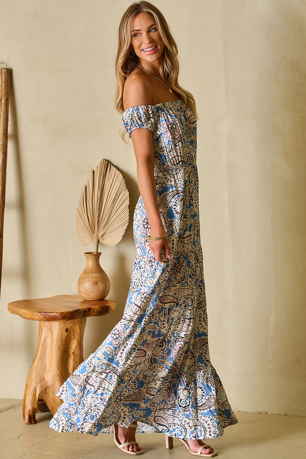 Blue Boho Paisley Print Off Shoulder Maxi Dress Floral Dresses JT's Designer Fashion