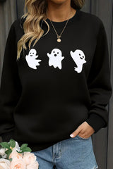 Black Halloween Ghosts Print Round Neck Sweatshirt Graphic Sweatshirts JT's Designer Fashion