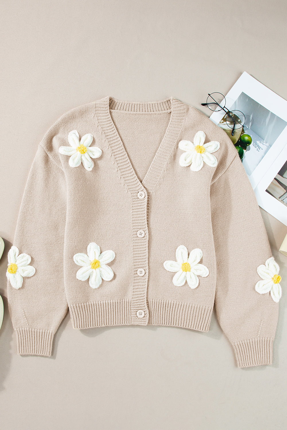 Parchment Elegant Flower Decor Button Front Cardigan Cardigans JT's Designer Fashion