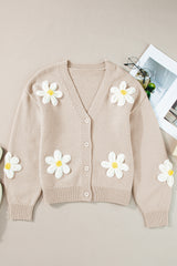 Parchment Elegant Flower Decor Button Front Cardigan Cardigans JT's Designer Fashion
