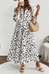 White Leopard Print Notch V Neck Loose Fit Long Dress White 100%Polyester Maxi Dresses JT's Designer Fashion