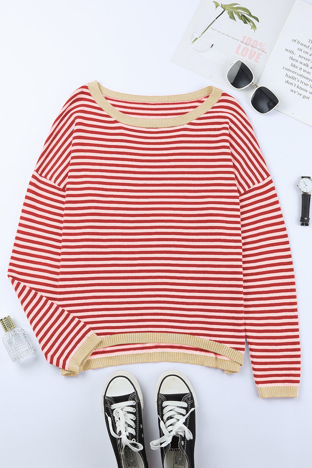 Fiery Red Contrast Trimmed Striped Drop Shoulder Sweater Sweaters JT's Designer Fashion