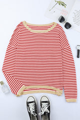 Fiery Red Contrast Trimmed Striped Drop Shoulder Sweater Sweaters JT's Designer Fashion
