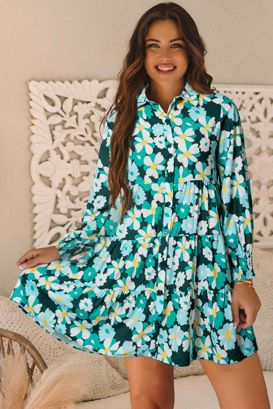 Green Floral Tiered Long Puff Sleeve Shirt Dress Blackish Green 100%Polyester Floral Dresses JT's Designer Fashion