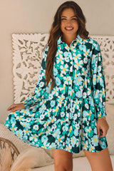 Green Floral Tiered Long Puff Sleeve Shirt Dress Blackish Green 100%Polyester Floral Dresses JT's Designer Fashion