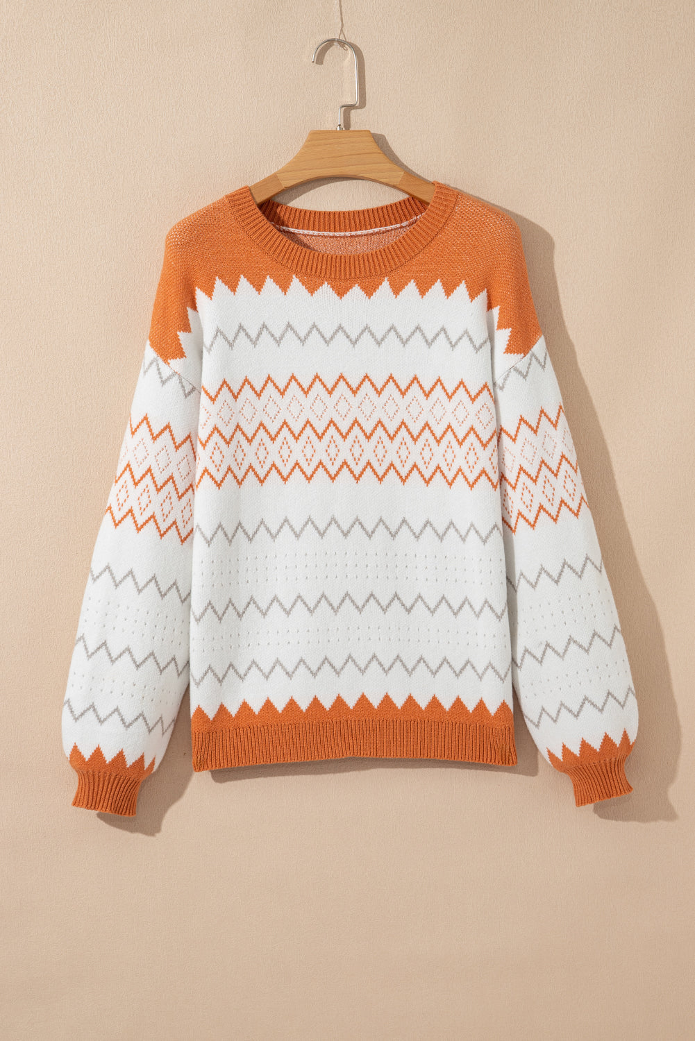Khaki Zigzag Geometric Pattern Knitted Pullover Sweater Sweaters JT's Designer Fashion