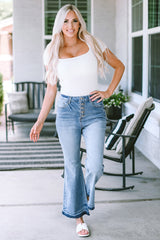 Sky Blue High Waist Buttoned Distressed Flared Jeans Jeans JT's Designer Fashion