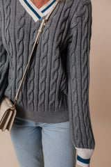 Medium Grey Color Contrast Ribbed Edge Cable Knit V Neck Sweater Sweaters JT's Designer Fashion
