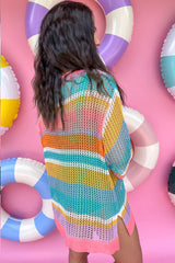 Pink Stripe Plus Size Open Knit Patch Pocket Short Sleeve Sweater Plus Size Sweaters & Cardigans JT's Designer Fashion