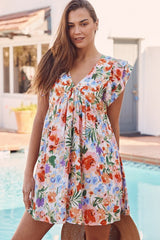 Pink Floral Double Ruffle Sleeve V Neck High Waist Mini Dress Floral Dresses JT's Designer Fashion