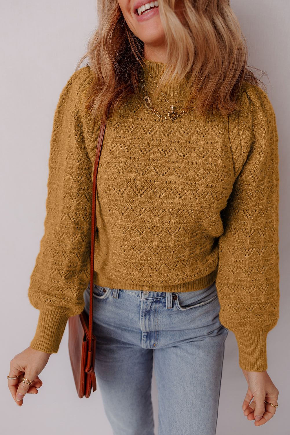 Jurassic Gold Hollow Out Crochet Ribbed Edge Balloon Sleeve Sweater Sweaters JT's Designer Fashion