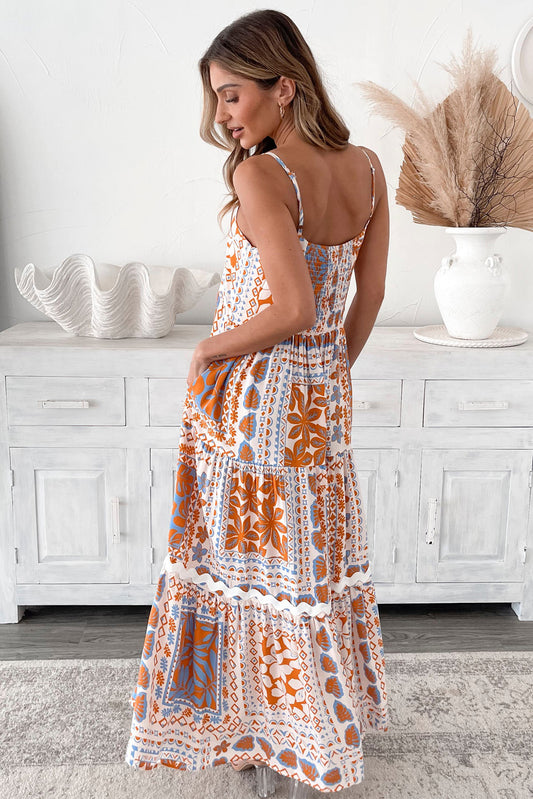 Orange Multi Printed Ricrac Trim Spaghetti Straps Long Dress Maxi Dresses JT's Designer Fashion
