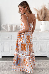 Orange Multi Printed Ricrac Trim Spaghetti Straps Long Dress Maxi Dresses JT's Designer Fashion