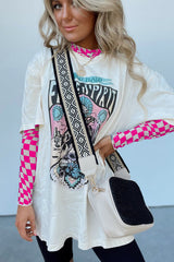 Rose Checkered Pattern Mesh Mock Neck Long Sleeve Top Long Sleeve Tops JT's Designer Fashion