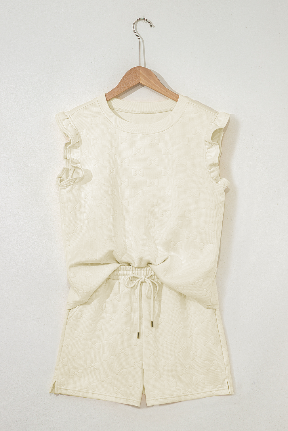 White Bow Jacquard Ruffle Sleeve Short 2pcs Outfit Short Sets JT's Designer Fashion