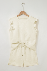White Bow Jacquard Ruffle Sleeve Short 2pcs Outfit Short Sets JT's Designer Fashion